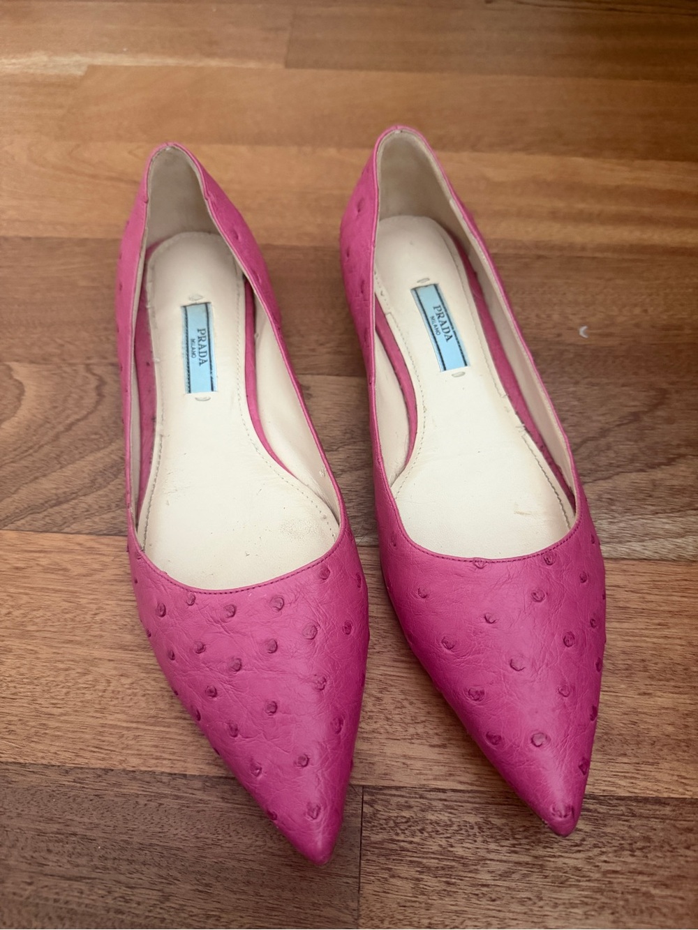 Prada Hot Pink Pointed-Toe Ostrich-Effect Leather Flats